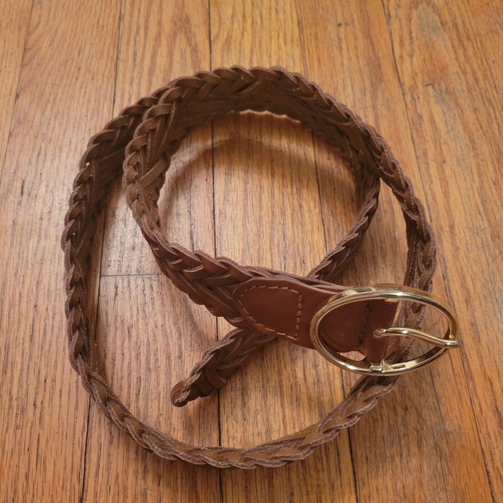 Lascana M Belt Brown Buffalo Leather Braided Woven Gold Buckle Western Cottage